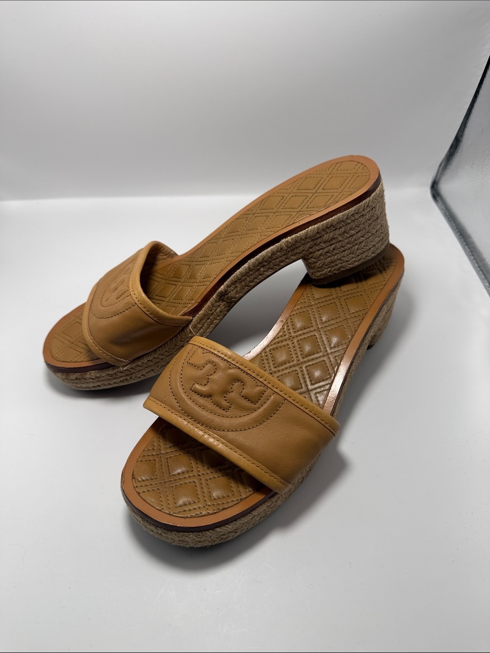 Tory Burch Tan Leather Logo Espadrille Block Heel Slide Sandals Size 10